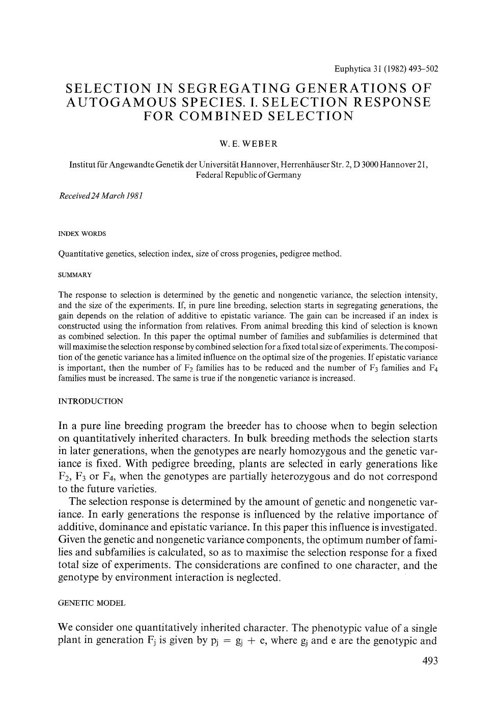 Selection in segregating generations of autogamous species. I. Selection response for combined selection by Unknown