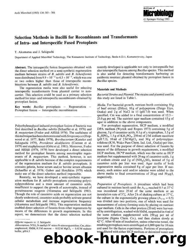 Selection methods in bacilli for recombinants and transformants of intra- and interspecific fused protoplasts by Unknown