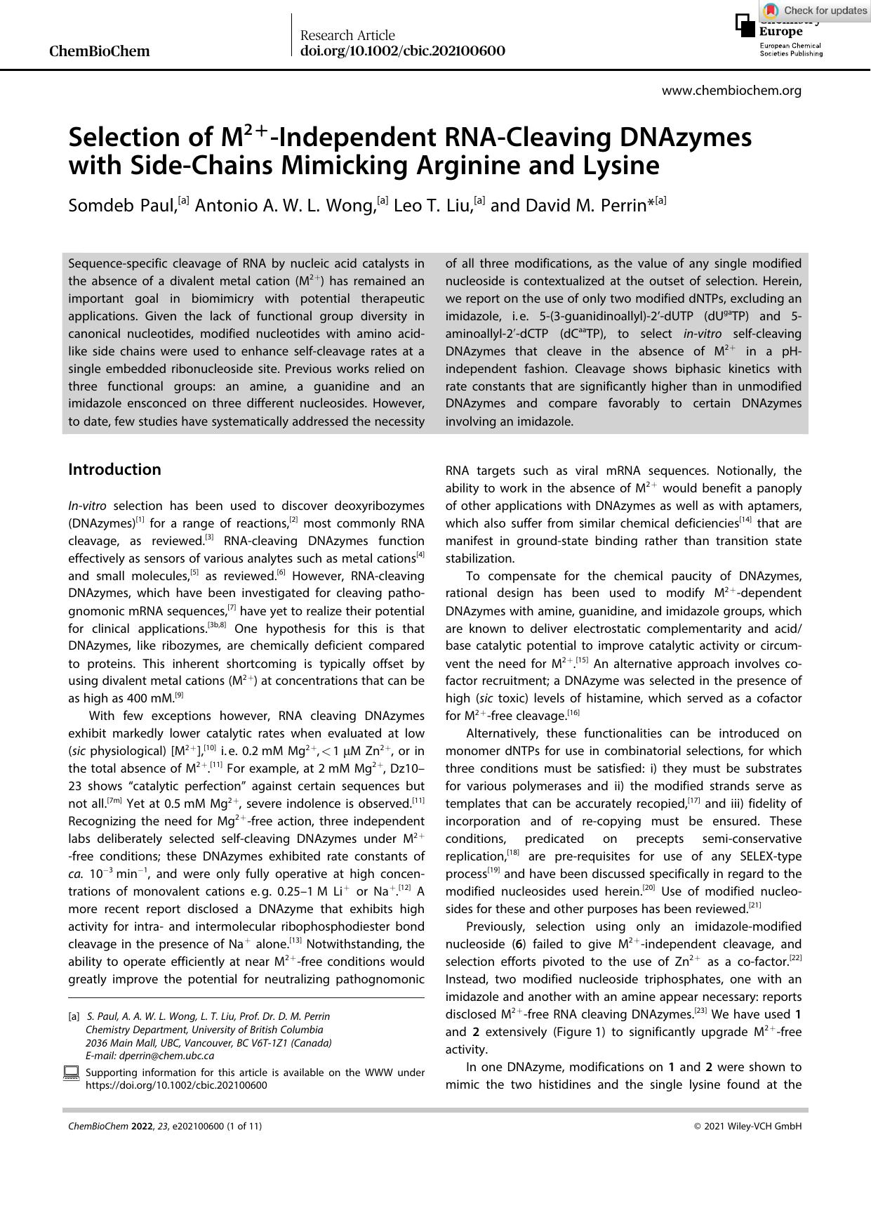 Selection of M2+âIndependent RNAâCleaving DNAzymes with SideâChains Mimicking Arginine and Lysine by Unknown