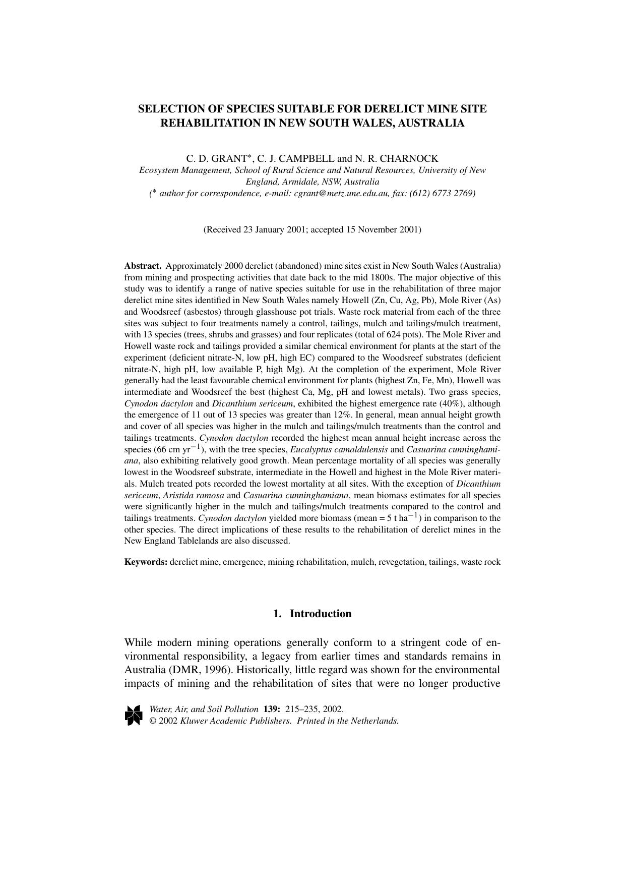 Selection of Species Suitable for Derelict Mine Site Rehabilitation in New South Wales, Australia by Unknown