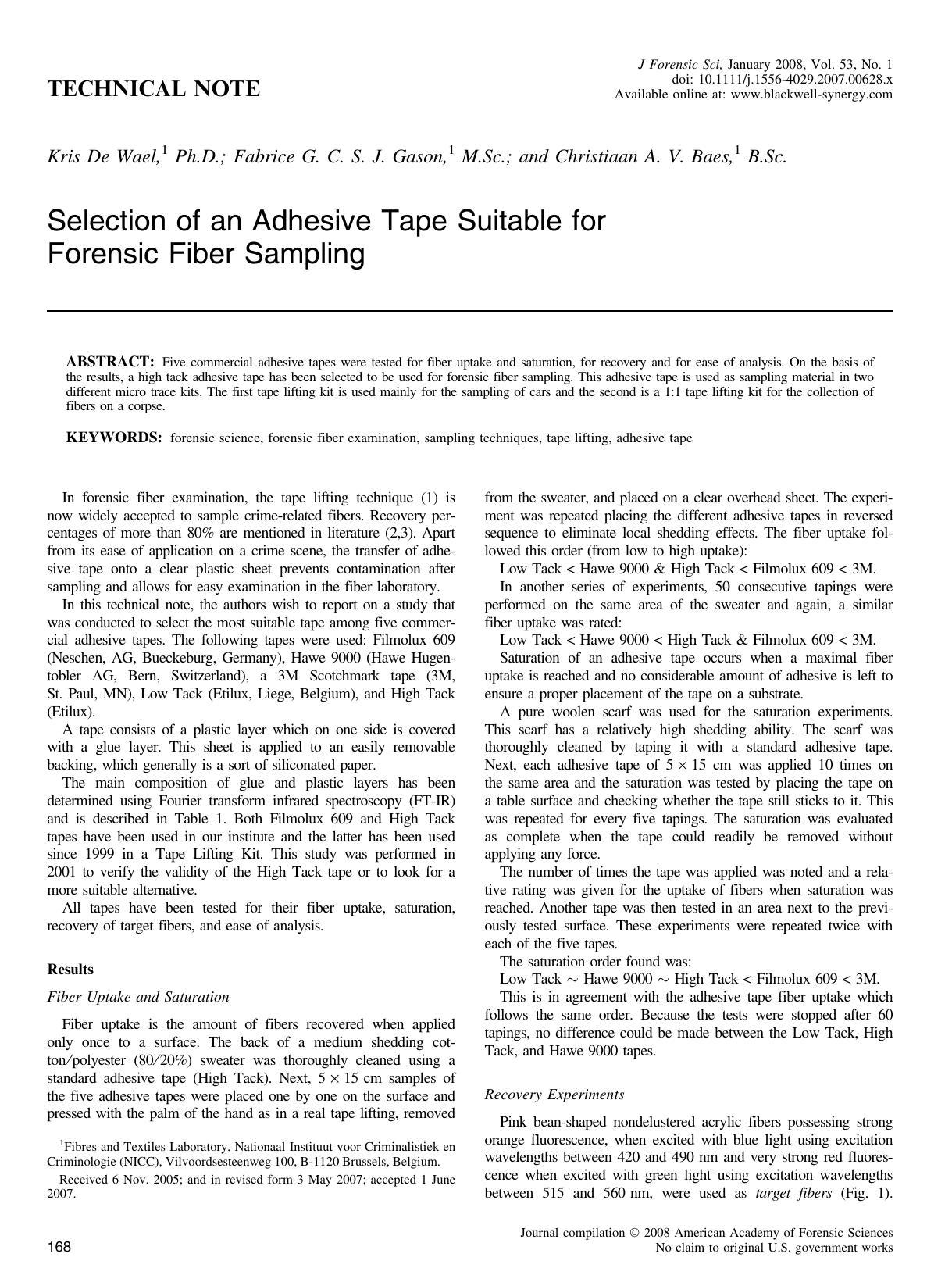 Selection of an Adhesive Tape Suitable for Forensic Fiber Sampling by Unknown