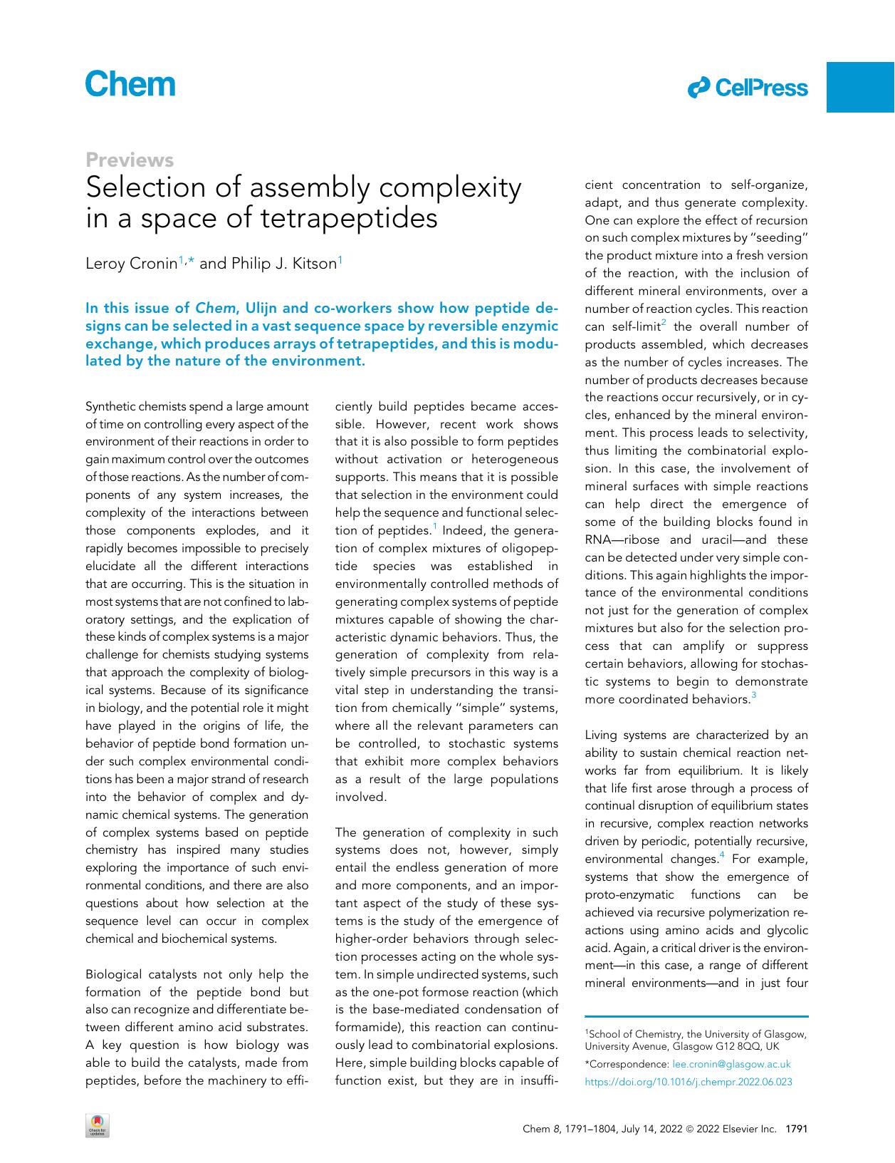 Selection of assembly complexity in a space of tetrapeptides by Leroy Cronin & Philip J. Kitson