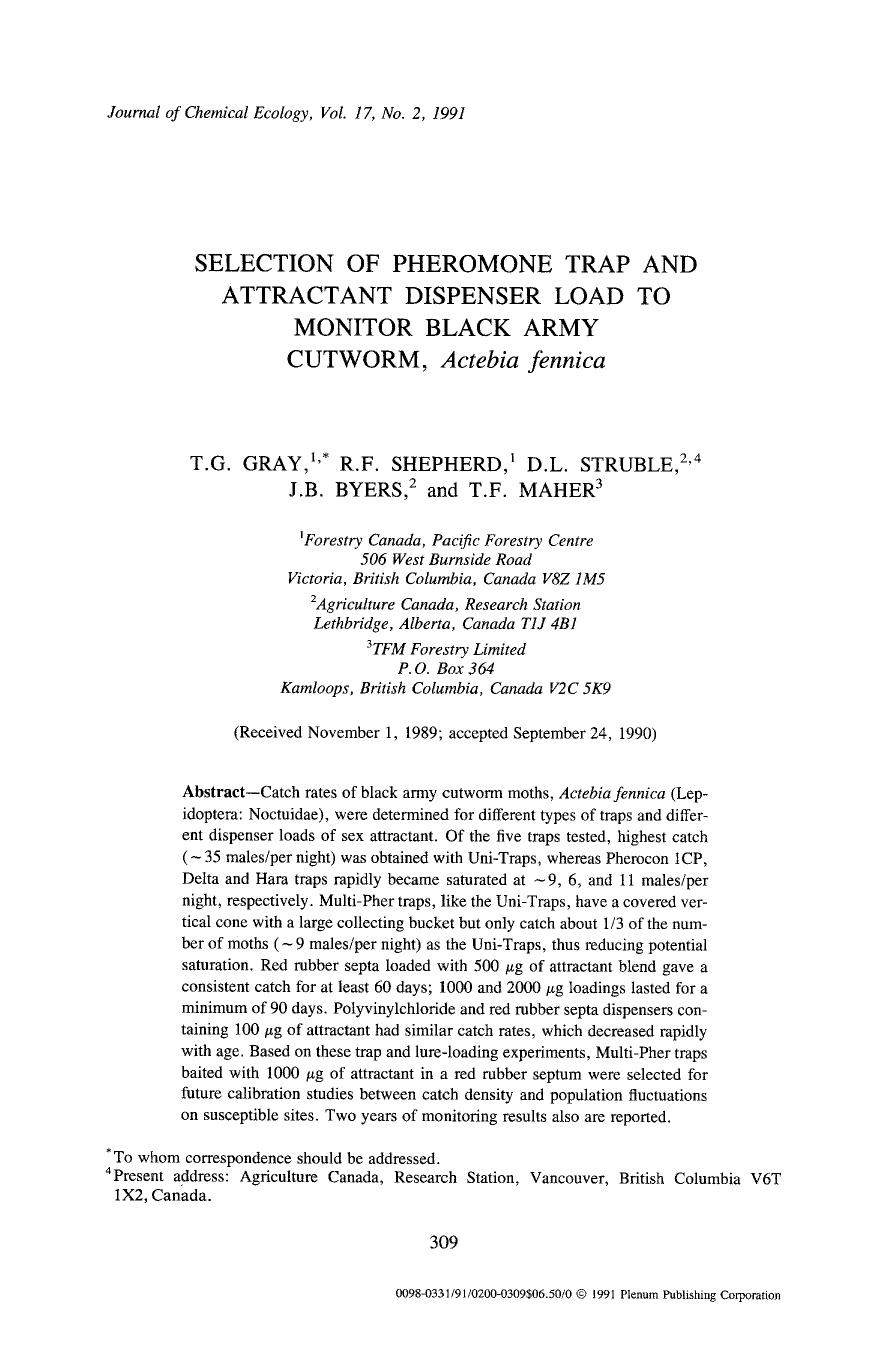 Selection of pheromone trap and attractant dispenser load to monitor black army cutworm, <Emphasis Type="Italic">Actebia fennica <Emphasis> by Unknown