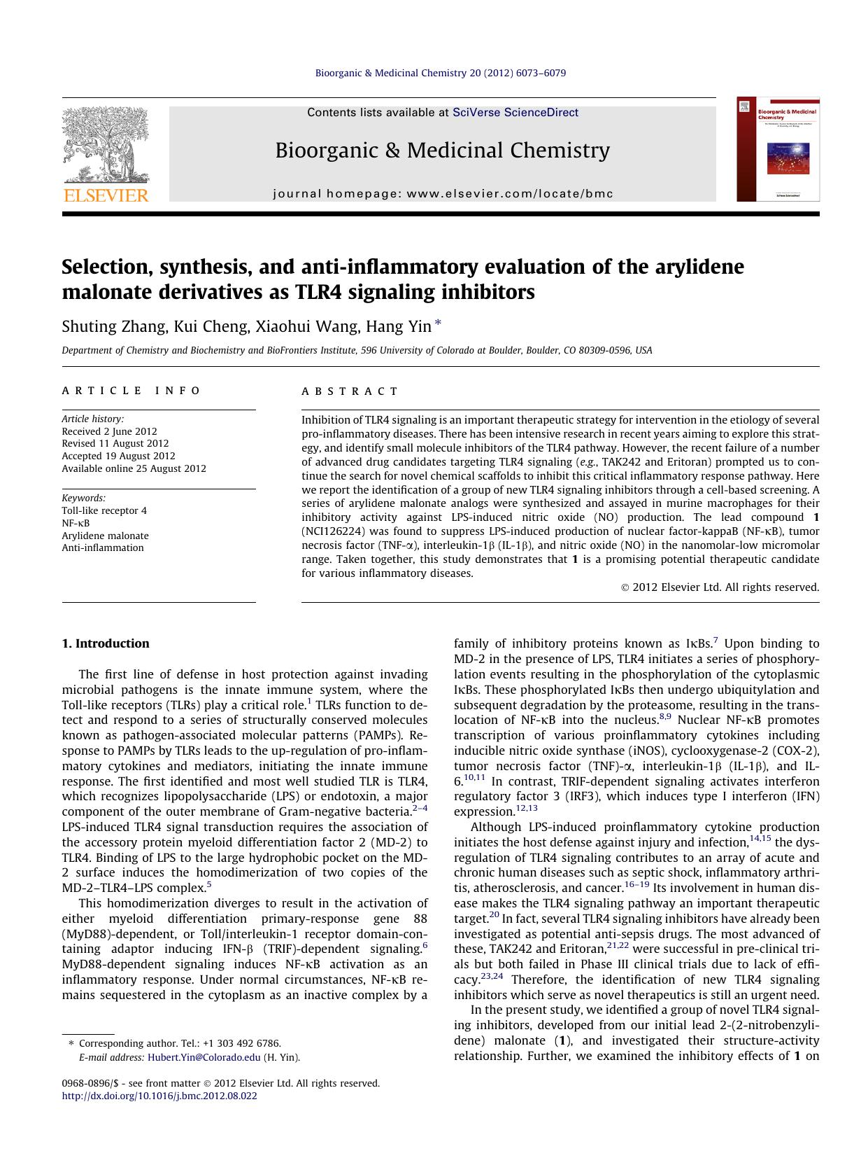 Selection, synthesis, and anti-inflammatory evaluation of the arylidene malonate derivatives as TLR4 signaling inhibitors by Shuting Zhang & Kui Cheng & Xiaohui Wang & Hang Yin
