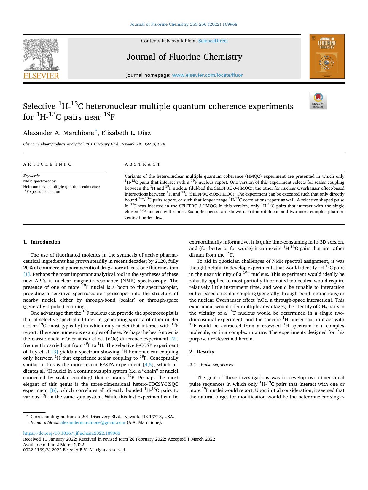 Selective 1H-13C heteronuclear multiple quantum coherence experiments for 1H-13C pairs near 19F by Alexander A. Marchione & Elizabeth L. Diaz