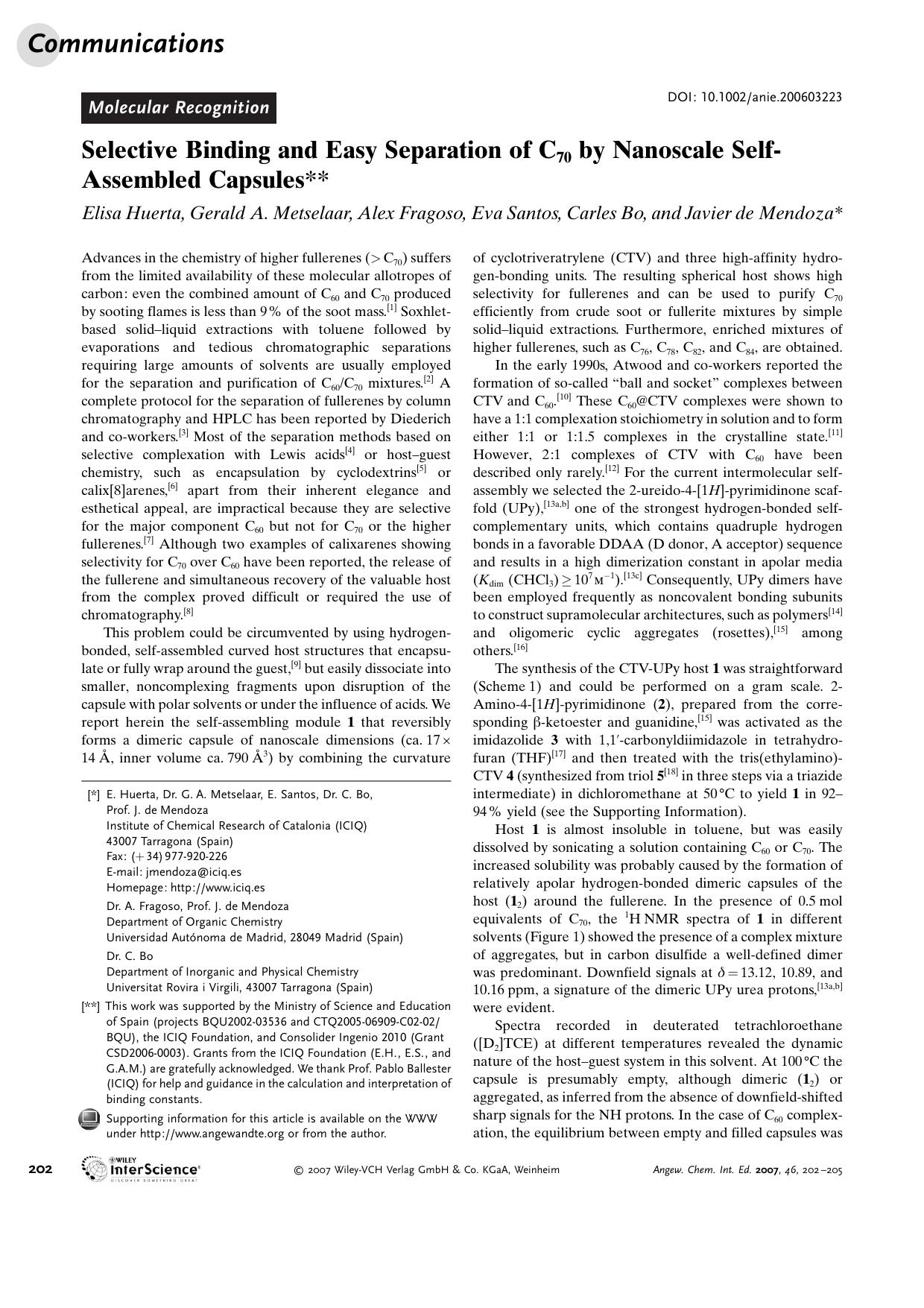 Selective Binding and Easy Separation of C70 by Nanoscale Self-Assembled Capsules by Unknown