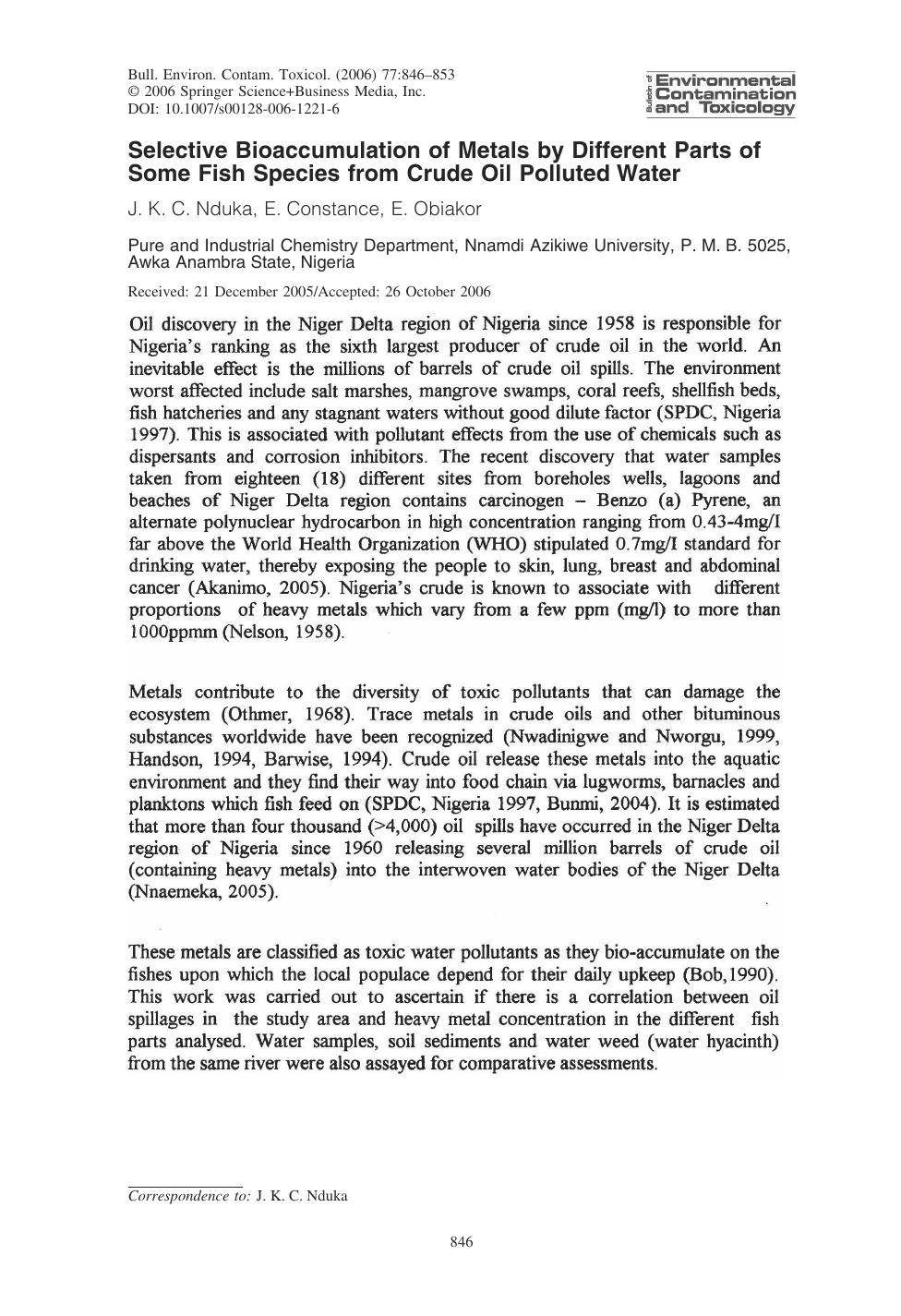 Selective Bioaccumulation of Metals by Different Parts of Some Fish Species from Crude Oil Polluted Water by Nduka & J. K. C. et al