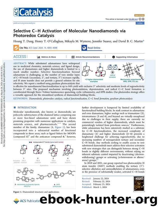 Selective CâH Activation of Molecular Nanodiamonds via Photoredox Catalysis by Hoang T. Dang Henry T. O’Callaghan Mikayla M. Wymore Jennifer Suarez & David B. C. Martin