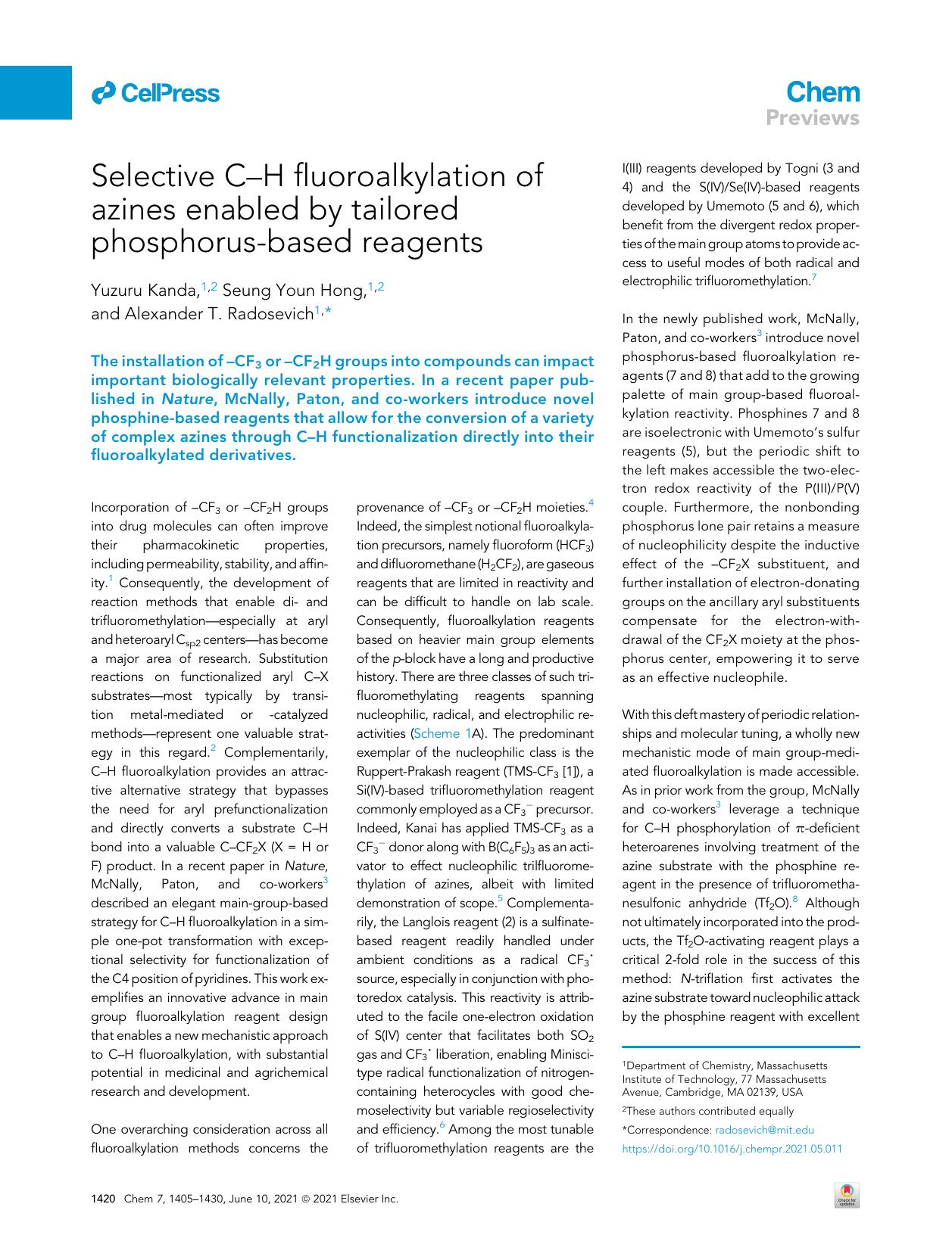 Selective C-H fluoroalkylation of azines enabled by tailored phosphorus-based reagents by Yuzuru Kanda & Seung Youn Hong & Alexander T. Radosevich