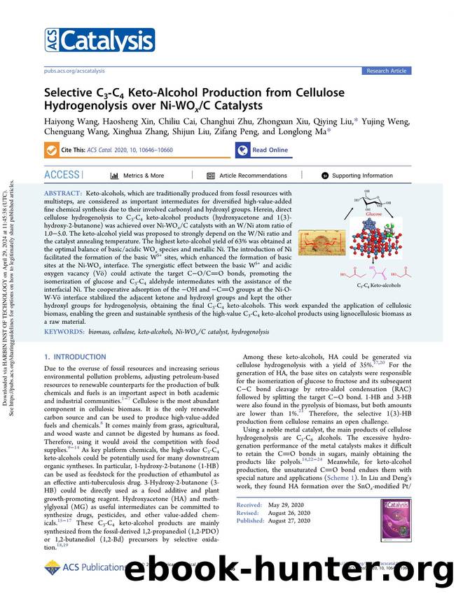 Selective C3-C4 Keto-Alcohol Production from Cellulose Hydrogenolysis over Ni-WOxC Catalysts by unknow