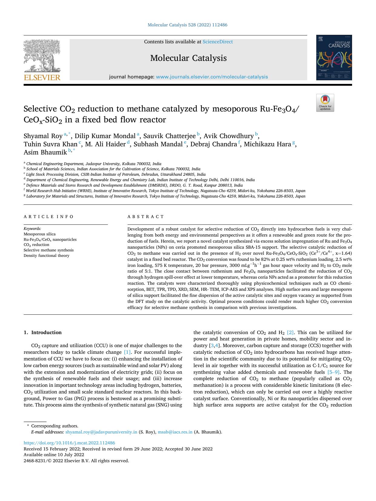 Selective CO2 reduction to methane catalyzed by mesoporous Ru-Fe3O4CeOx-SiO2 in a fixed bed flow reactor by unknow