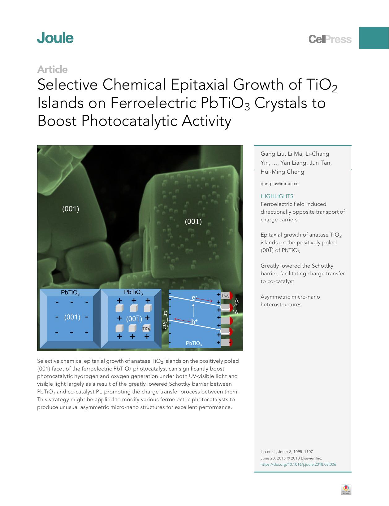 Selective Chemical Epitaxial Growth of TiO2 Islands on Ferroelectric PbTiO3 Crystals to Boost Photocatalytic Activity by unknow
