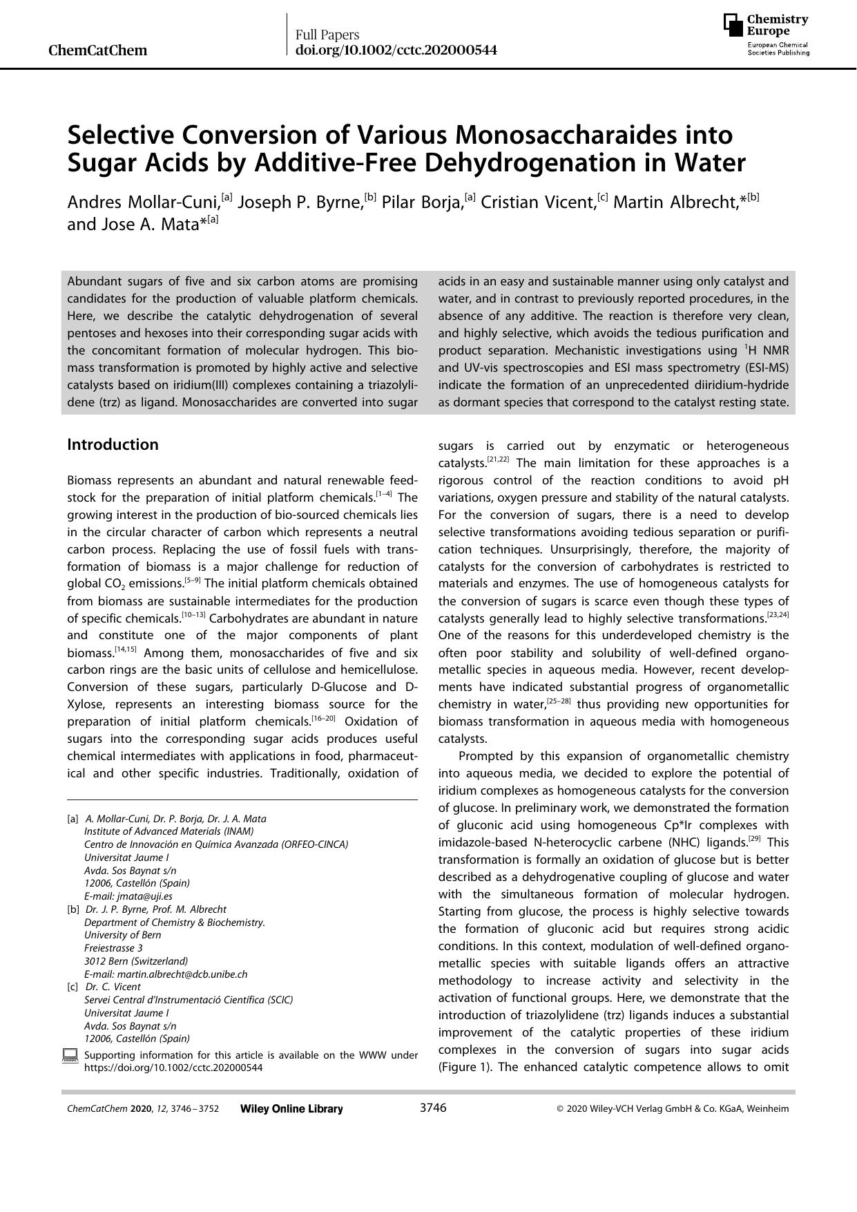 Selective Conversion of Various Monosaccharaides into Sugar Acids by AdditiveâFree Dehydrogenation in Water by Unknown