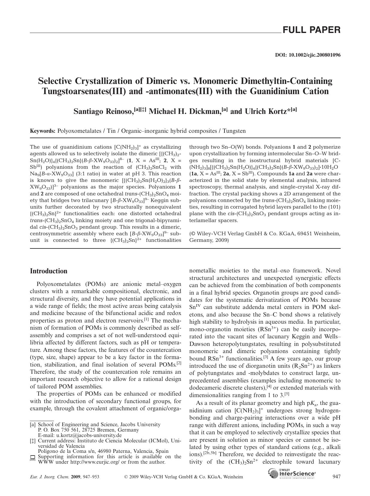 Selective Crystallization of Dimeric vs. Monomeric Dimethyltin-Containing Tungstoarsenates(III) and -antimonates(III) with the Guanidinium Cation by Unknown