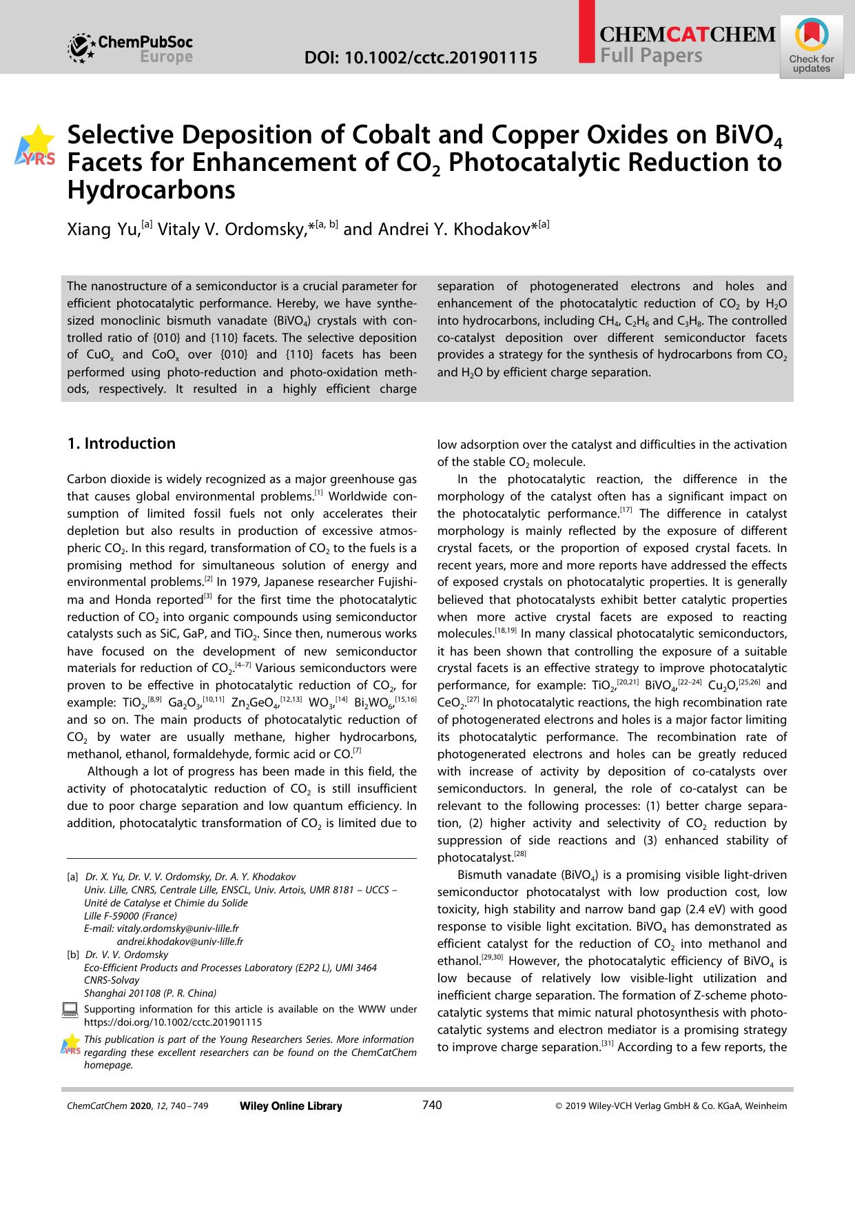 Selective Deposition of Cobalt and Copper Oxides on BiVO4 Facets for Enhancement of CO2 Photocatalytic Reduction to Hydrocarbons by Unknown