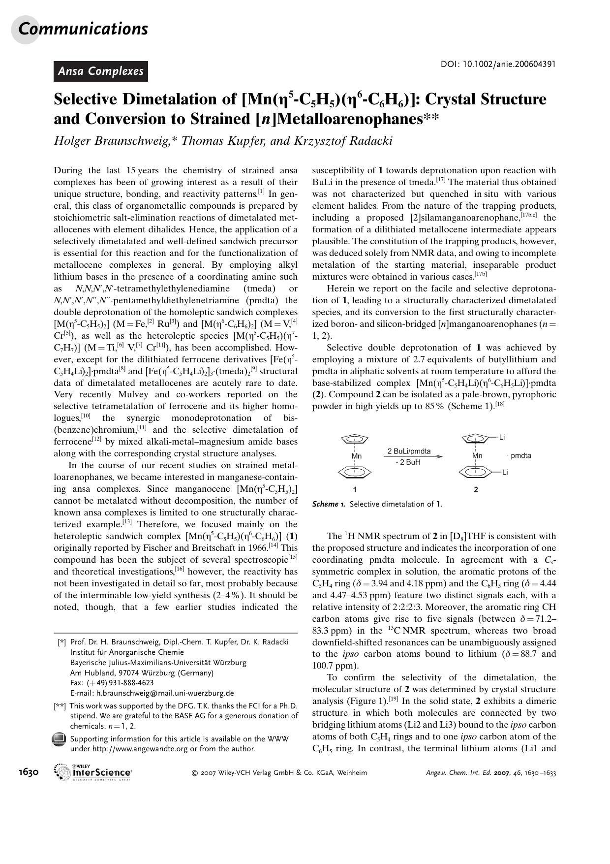 Selective Dimetalation of [Mn([eta]5-C5H5)([eta]6-C6H6)]: Crystal Structure and Conversion to Strained [n]Metalloarenophanes by Unknown