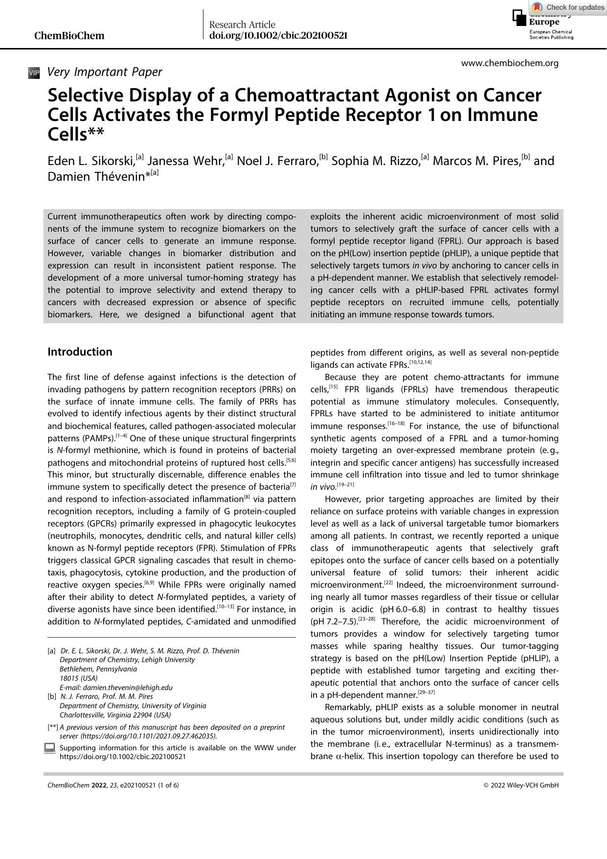 Selective Display of a Chemoattractant Agonist on Cancer Cells Activates the Formyl Peptide Receptor 1âon Immune Cells** by Unknown