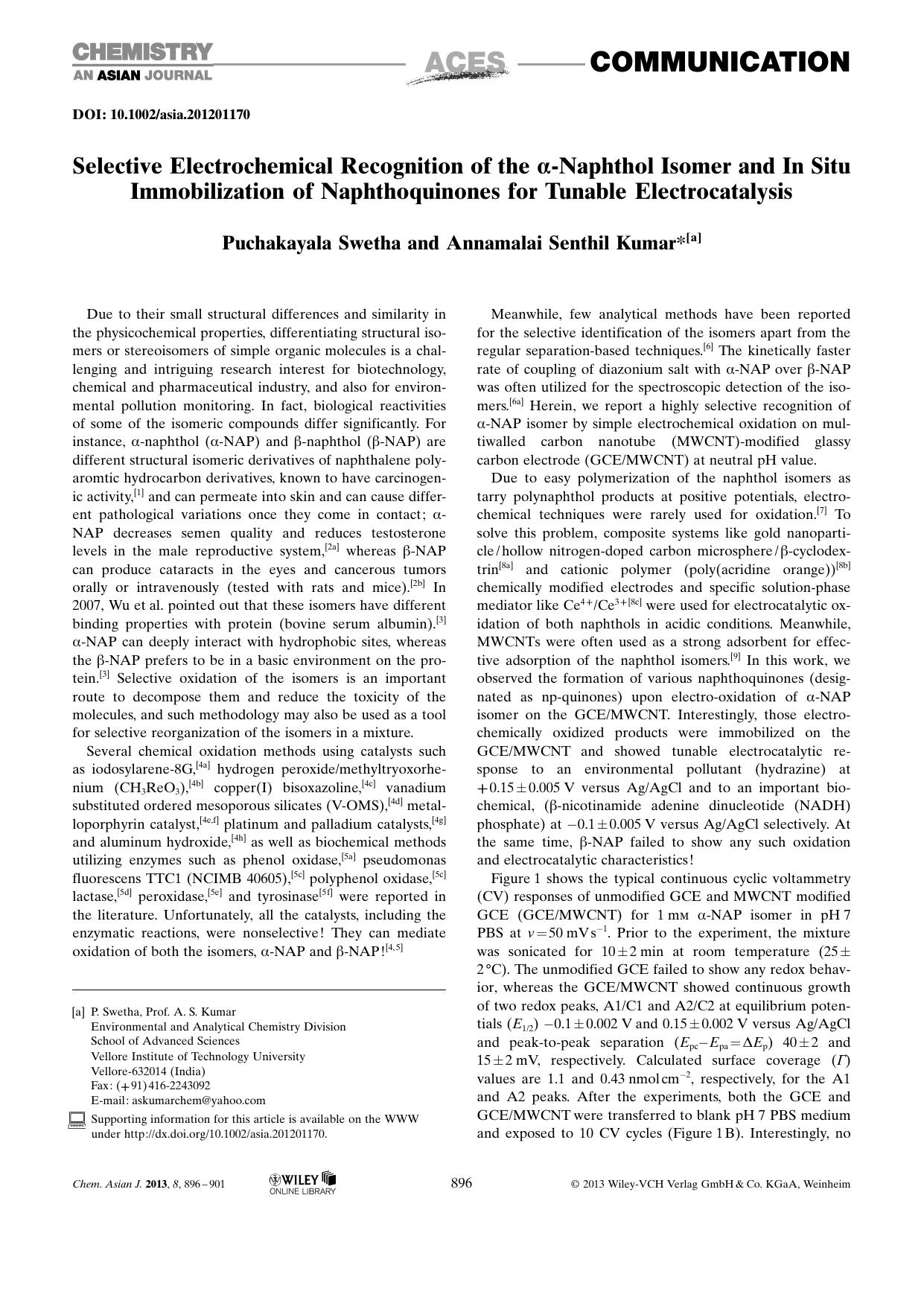 Selective Electrochemical Recognition of the Naphthol Isomer and In Situ Immobilization of Naphthoquinones for Tunable Electrocatalysis by Unknown