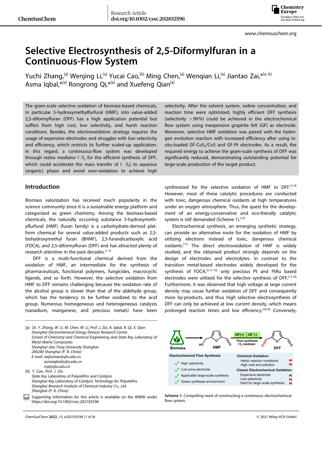 Selective Electrosynthesis of 2,5âDiformylfuran in a ContinuousâFlow System by Unknown
