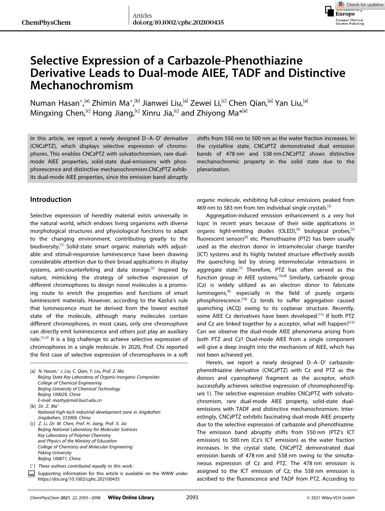 Selective Expression of a CarbazoleâPhenothiazine Derivative Leads to Dualâmode AIEE, TADF and Distinctive Mechanochromism by Unknown