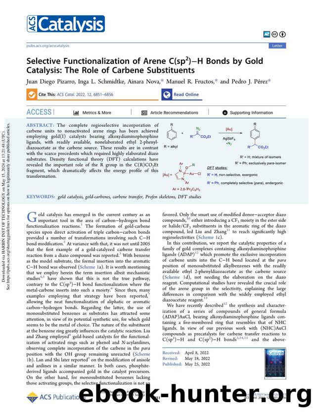 Selective Functionalization of Arene C(sp2)âH Bonds by Gold Catalysis: The Role of Carbene Substituents by Juan Diego Pizarro Inga L. Schmidtke Ainara Nova Manuel R. Fructos & Pedro J. Pérez