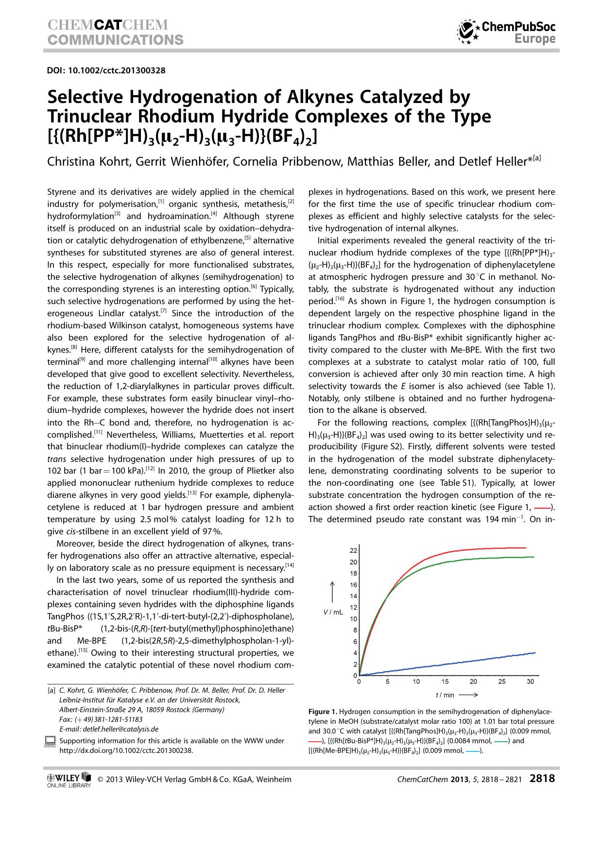 Selective Hydrogenation of Alkynes Catalyzed by Trinuclear Rhodium Hydride Complexes of the Type [{(Rh[PP]H)3(2H)3(3H)}(BF4)2] by Unknown