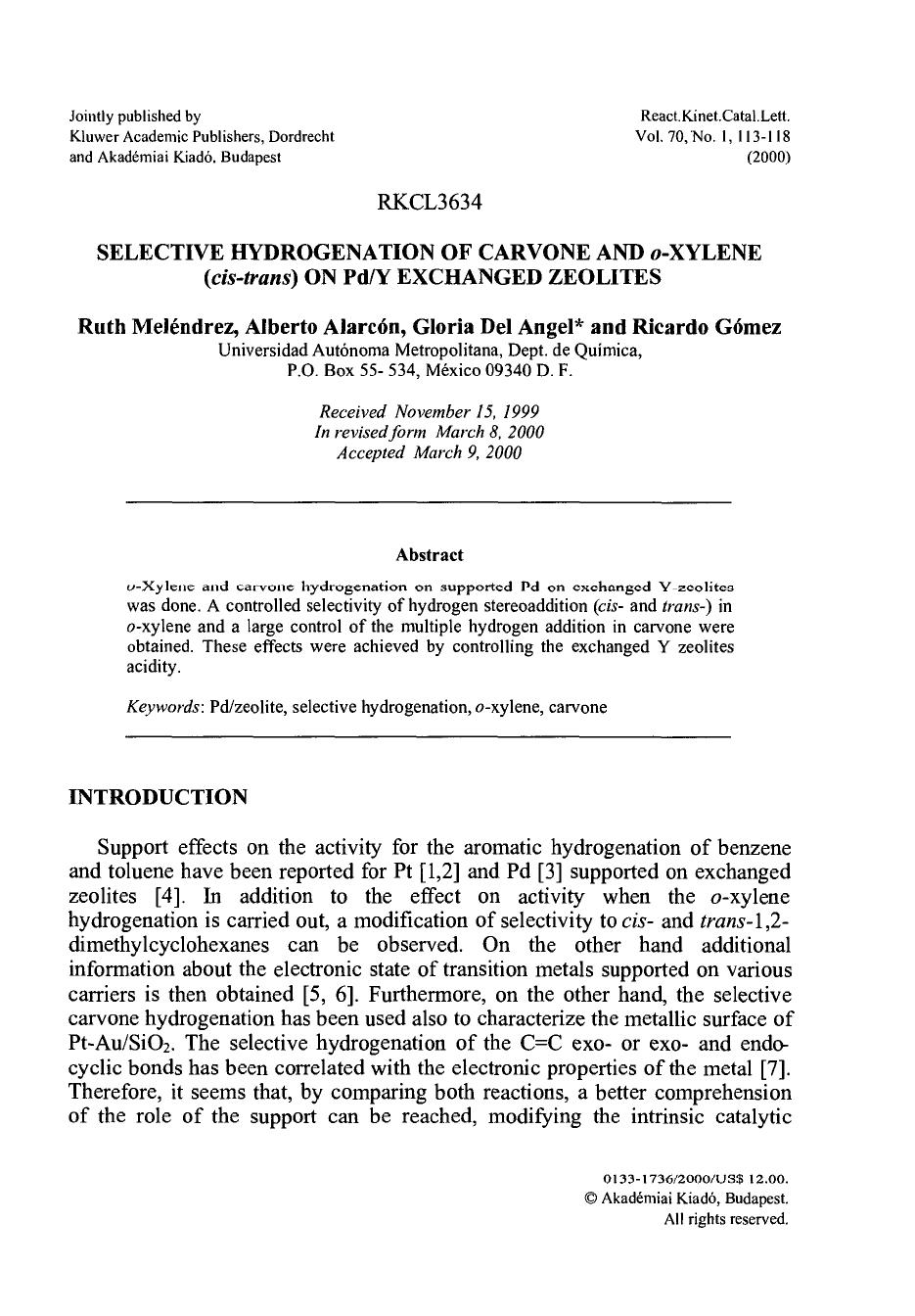 Selective Hydrogenation of Carvone and o-Xylene (cis-trans) on PdY Exchanged Zeolites by Unknown