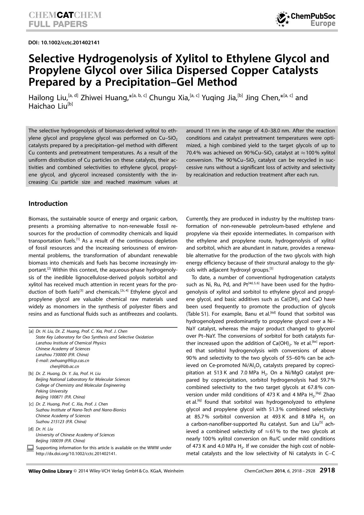 Selective Hydrogenolysis of Xylitol to Ethylene Glycol and Propylene Glycol over Silica Dispersed Copper Catalysts Prepared by a PrecipitationGel Method by Unknown