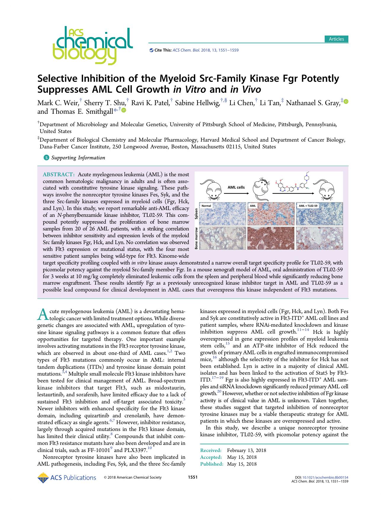 Selective Inhibition of the Myeloid Src-Family Kinase Fgr Potently Suppresses AML Cell Growth in Vitro and in Vivo by unknow