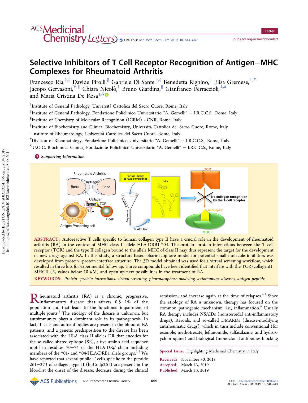 Selective Inhibitors of T Cell Receptor Recognition of AntigenâMHC Complexes for Rheumatoid Arthritis by unknow