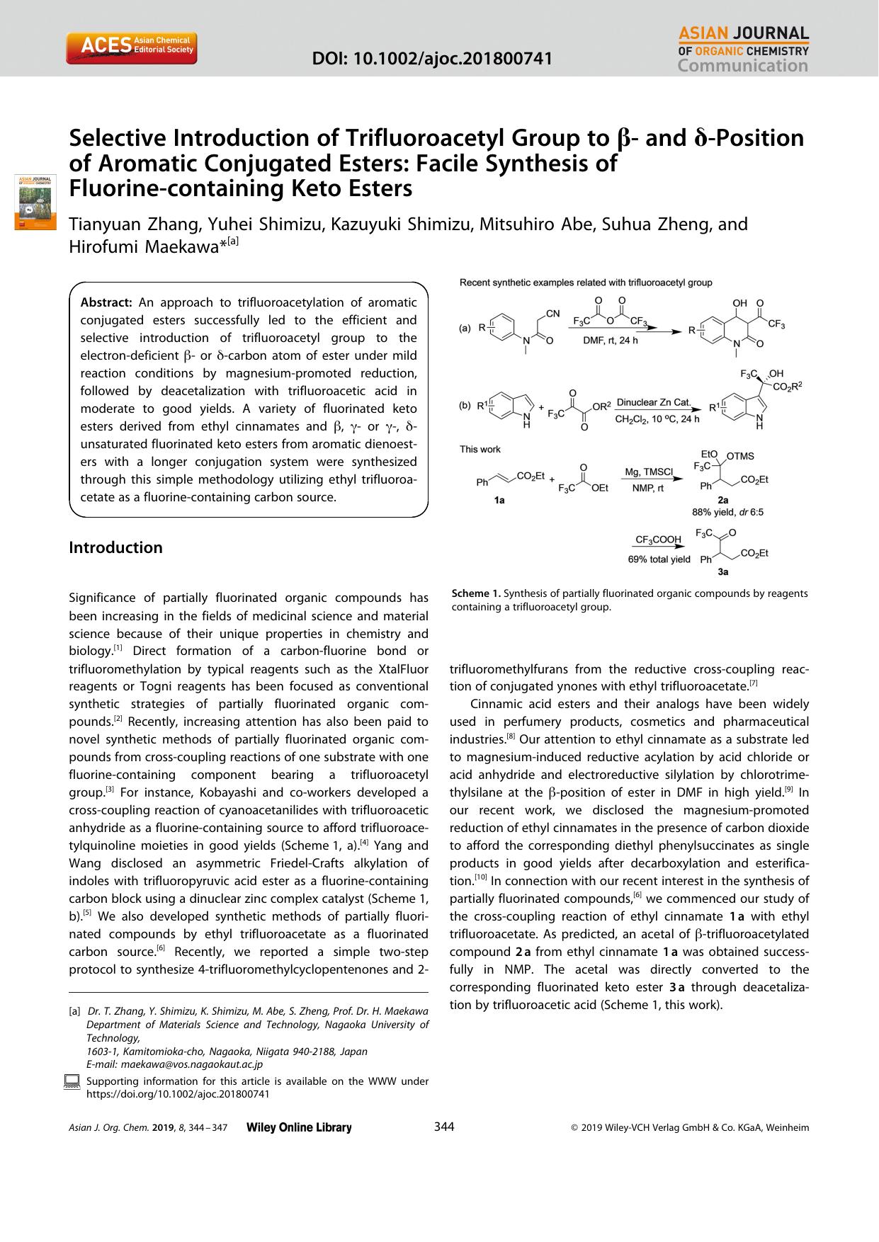 Selective Introduction of Trifluoroacetyl Group to Î²â and Î´âPosition of Aromatic Conjugated Esters: Facile Synthesis of Fluorineâcontaining Keto Esters by Unknown