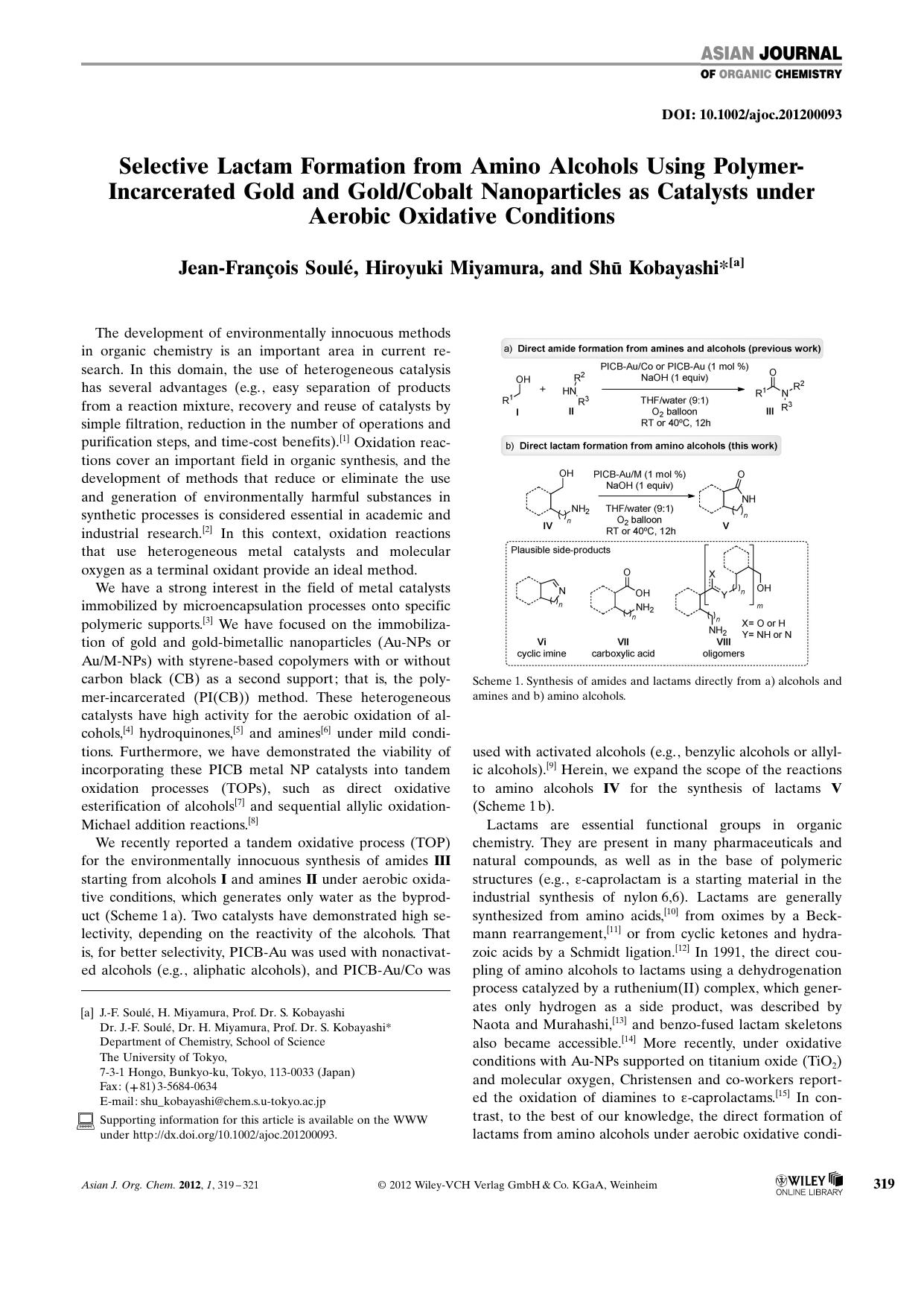 Selective Lactam Formation from Amino Alcohols Using PolymerIncarcerated Gold and GoldCobalt Nanoparticles as Catalysts under Aerobic Oxidative Conditions by Unknown
