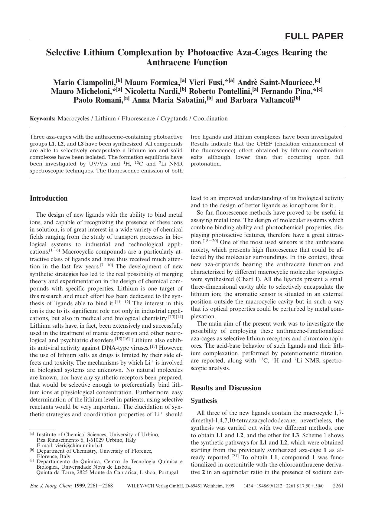 Selective Lithium Complexation by Photoactive Aza-Cages Bearing the Anthracene Function by Unknown