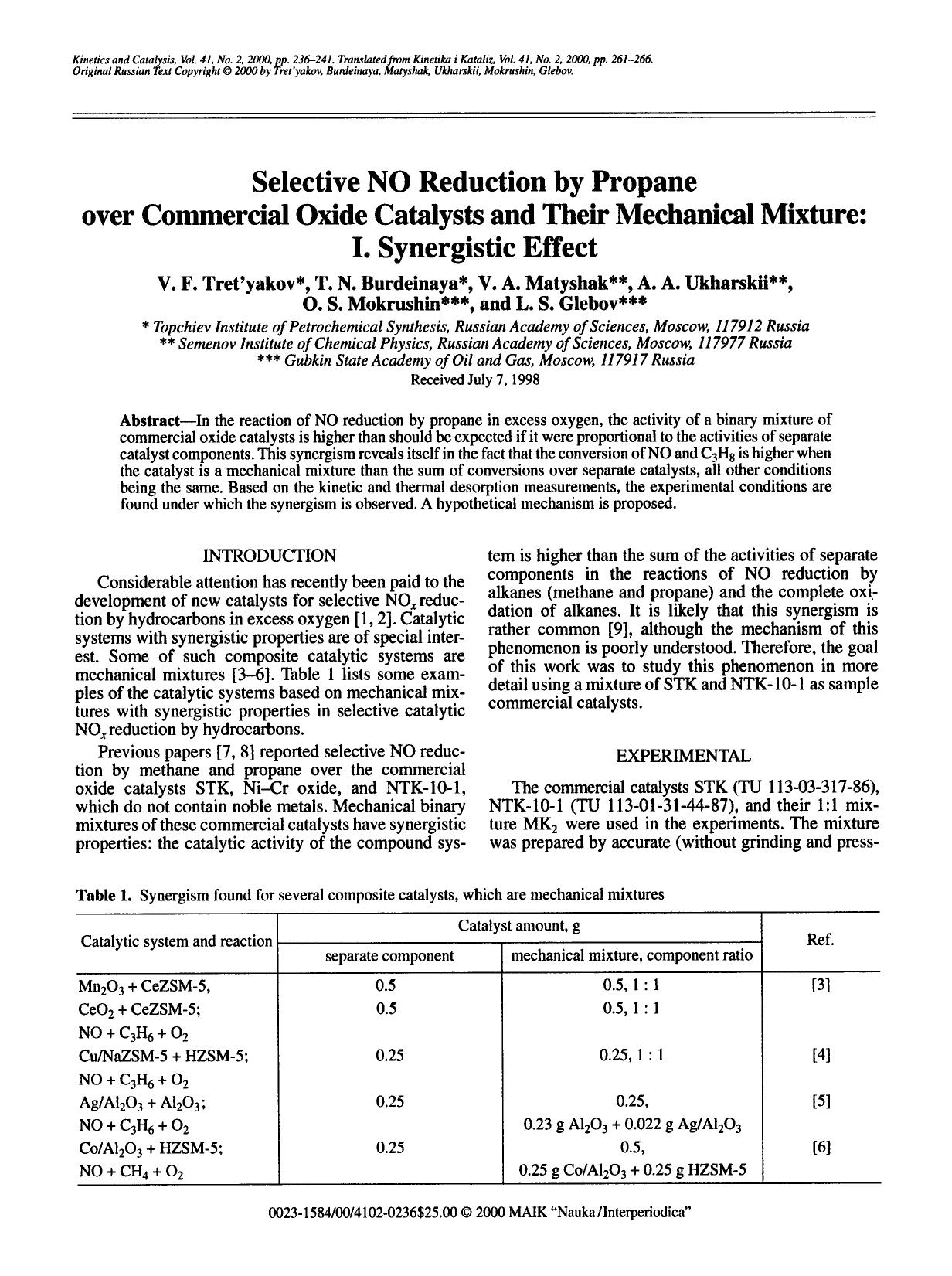Selective NO reduction by propane over commercial oxide catalysts and their mechanical mixture: I. Synergistic effect by Unknown