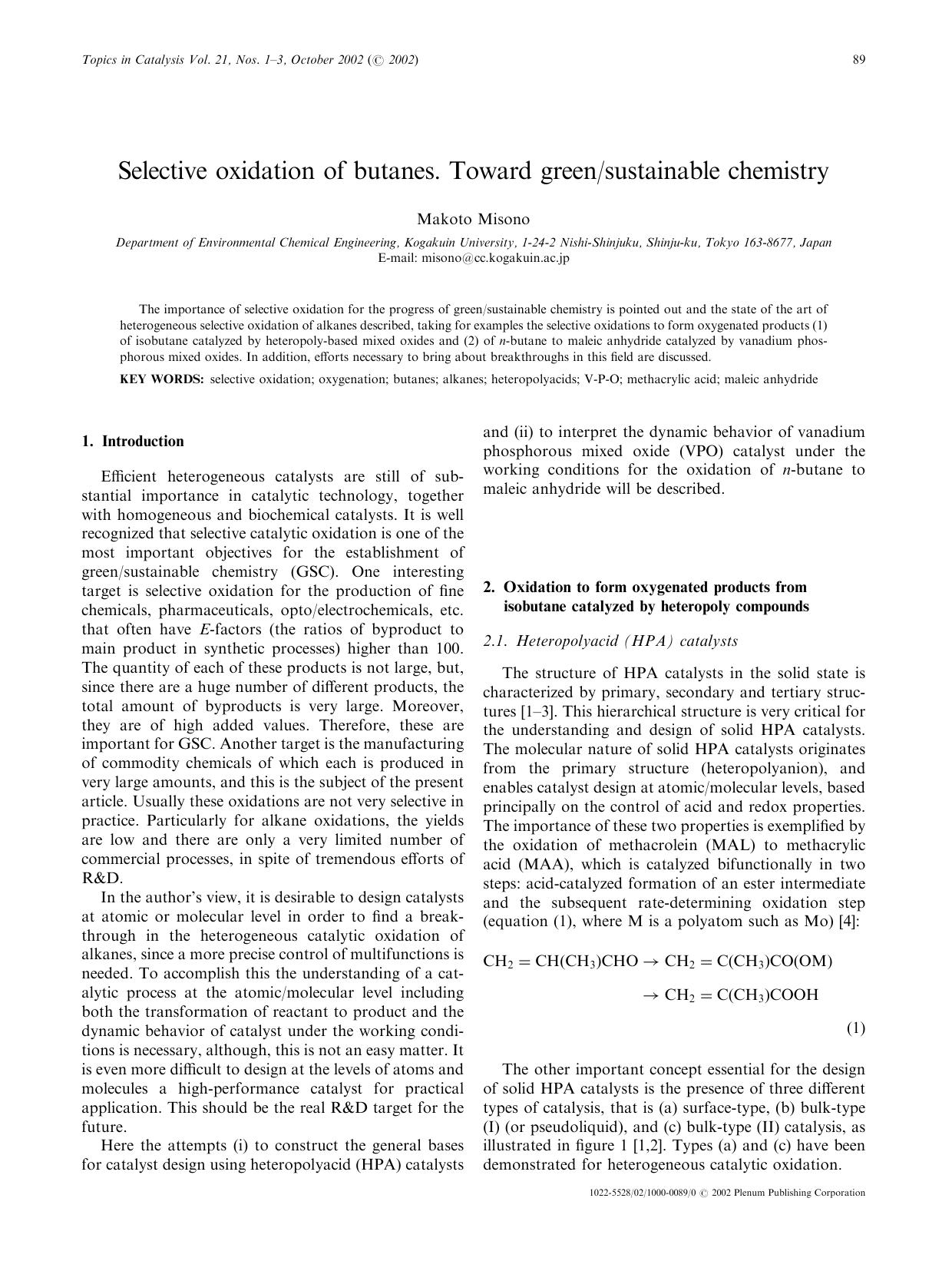 Selective Oxidation of Butanes. Toward GreenSustainable Chemistry by Unknown