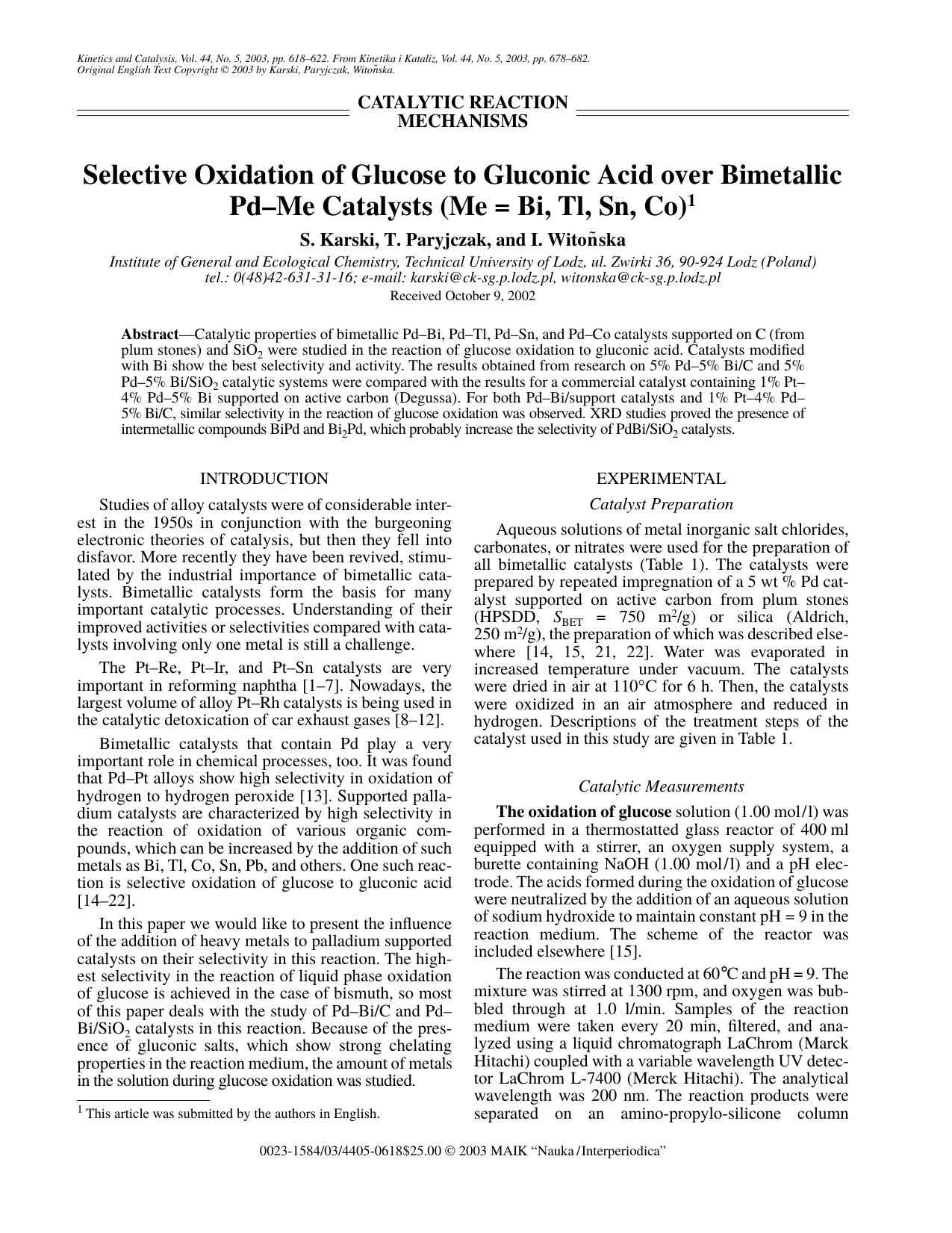 Selective Oxidation of Glucose to Gluconic Acid over Bimetallic Pd&#x2013;Me Catalysts (Me = Bi, Tl, Sn, Co) by Unknown