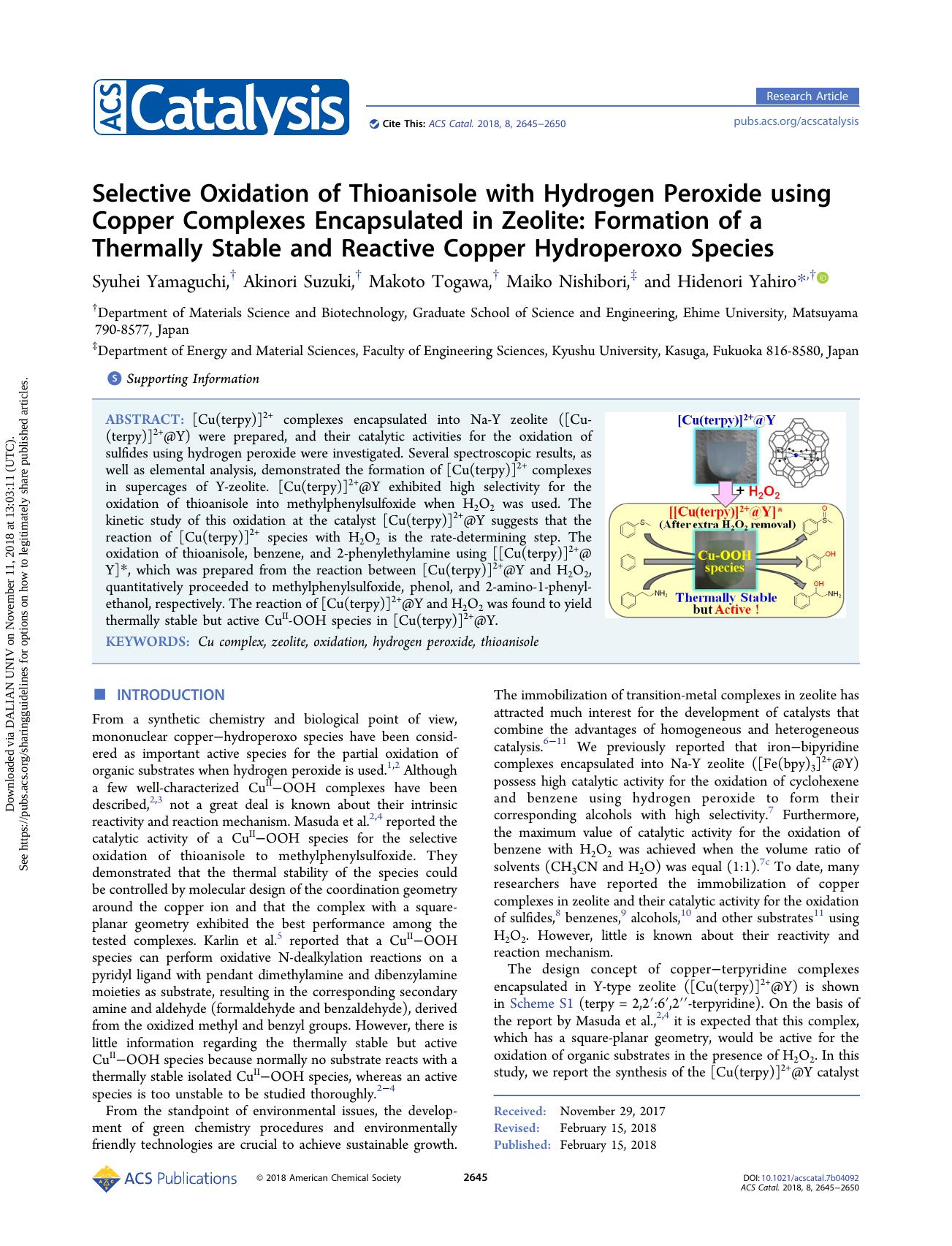 Selective Oxidation of Thioanisole with Hydrogen Peroxide using Copper Complexes Encapsulated in Zeolite: Formation of a Thermally Stable and Reactive Copper Hydroperoxo Species by Syuhei Yamaguchi Akinori Suzuki Makoto Togawa Maiko Nishibori & Hidenori Yahiro