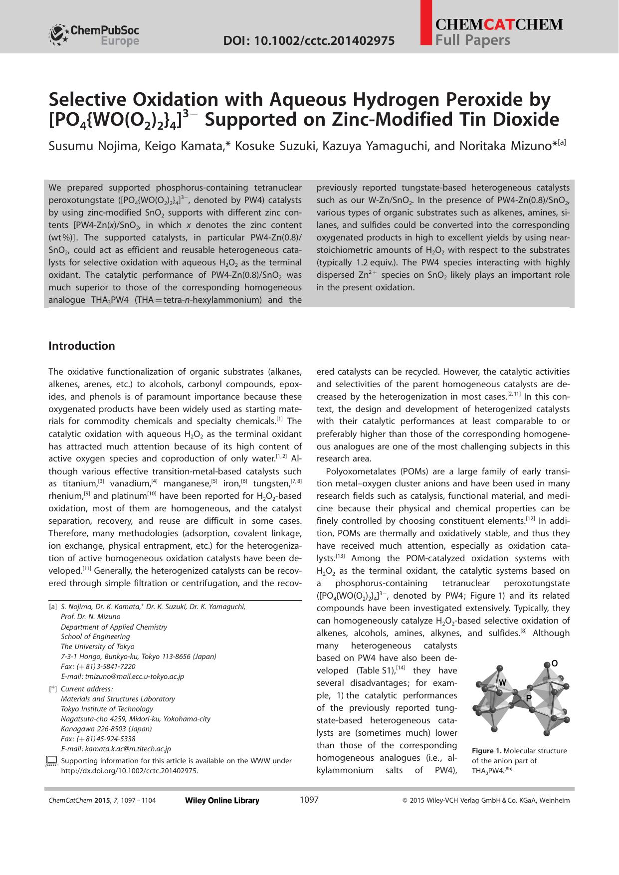 Selective Oxidation with Aqueous Hydrogen Peroxide by [PO4{WO(O2)2}4]3 Supported on ZincModified Tin Dioxide by Unknown