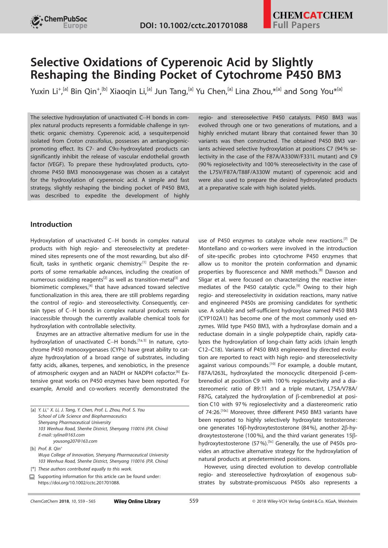 Selective Oxidations of Cyperenoic Acid by Slightly Reshaping the Binding Pocket of Cytochrome P450 BM3 by Unknown