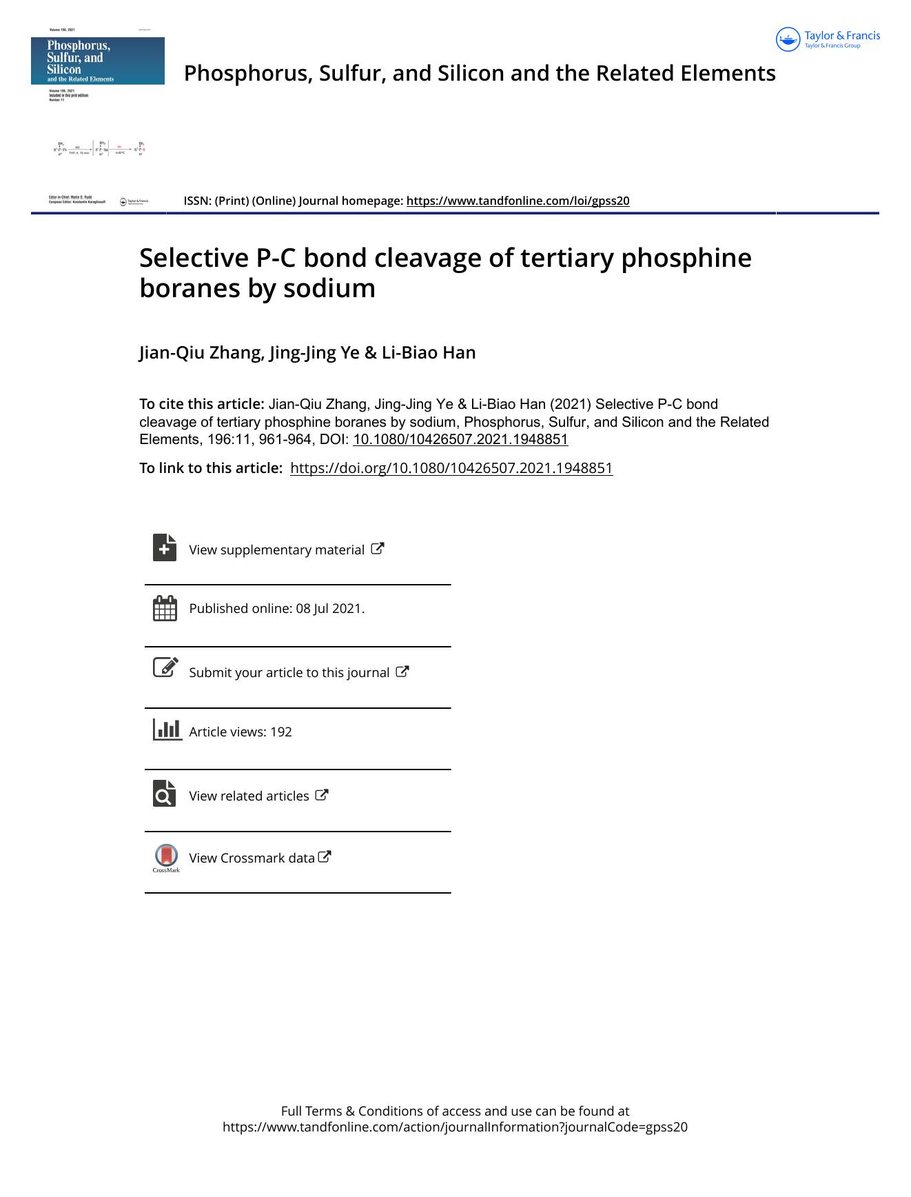 Selective P-C bond cleavage of tertiary phosphine boranes by sodium by Zhang Jian-Qiu & Ye Jing-Jing & Han Li-Biao