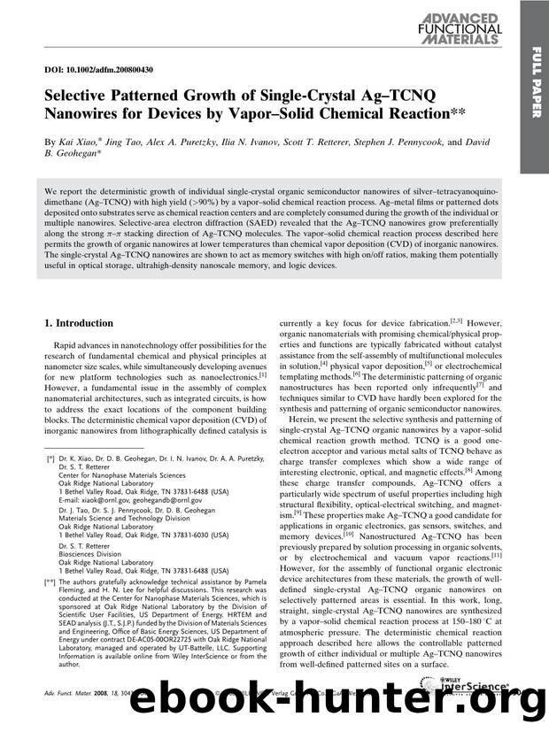 Selective Patterned Growth of Single-Crystal Ag-TCNQ Nanowires for Devices by Vapor-Solid Chemical Reaction by Unknown