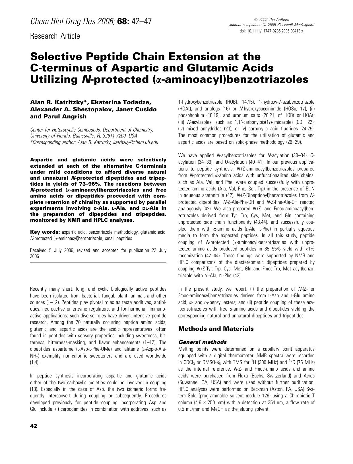 Selective Peptide Chain Extension at the C-terminus of Aspartic and Glutamic Acids Utilizing N-protected (α-aminoacyl)benzotriazoles by unknow