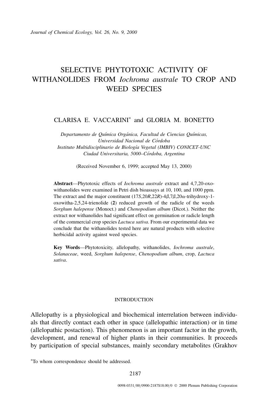 Selective Phytotoxic Activity of Withanolides from Iochroma australe to Crop and Weed Species by Unknown