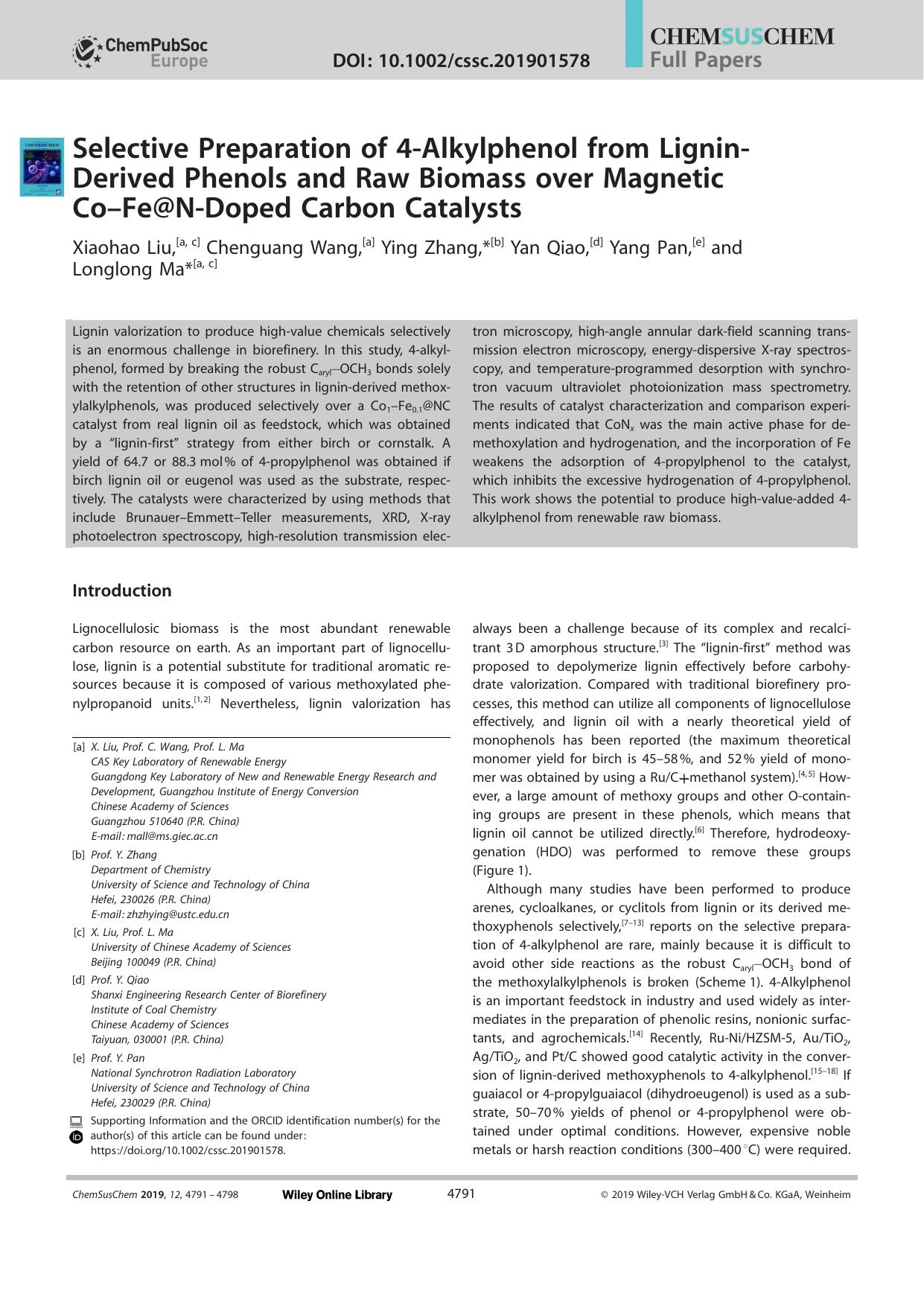 Selective Preparation of 4âAlkylphenol from LigninâDerived Phenols and Raw Biomass over Magnetic CoâFe@NâDoped Carbon Catalysts by Unknown