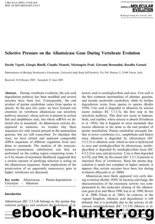 Selective Pressure on the Allantoicase Gene During Vertebrate Evolution by Vigetti D. et al