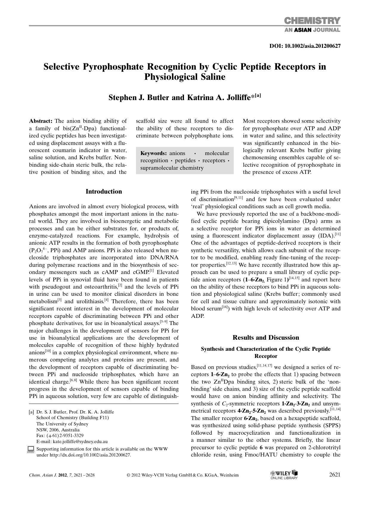 Selective Pyrophosphate Recognition by Cyclic Peptide Receptors in Physiological Saline by Unknown