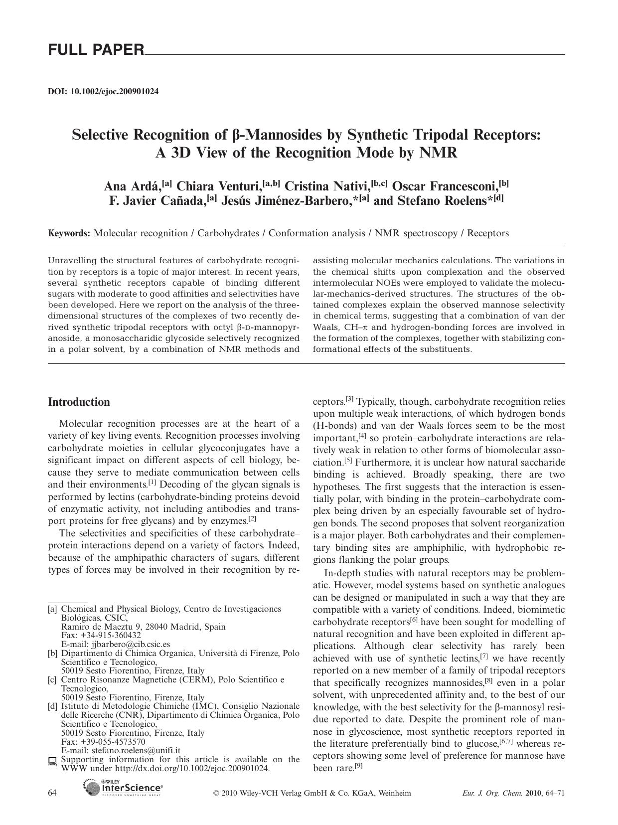 Selective Recognition of [beta]-Mannosides by Synthetic Tripodal Receptors: A 3D View of the Recognition Mode by NMR by Unknown