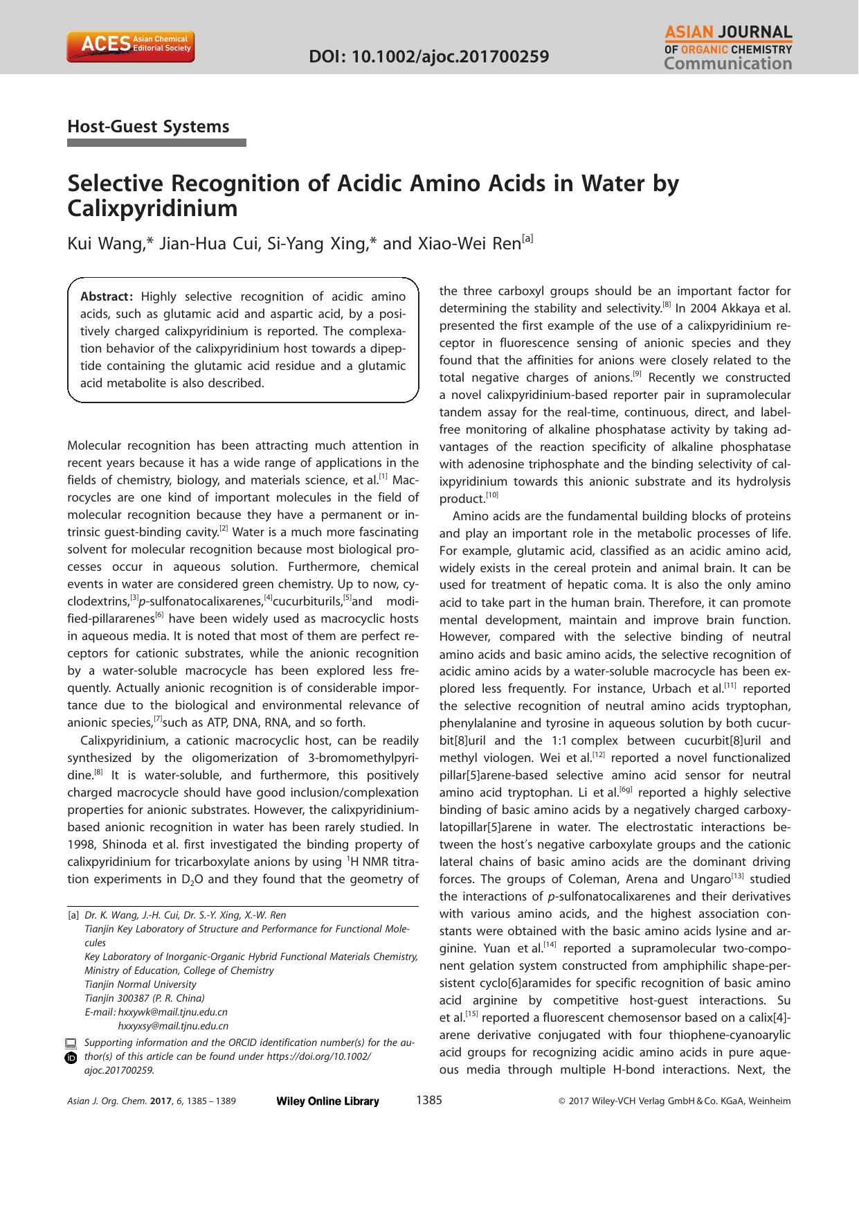 Selective Recognition of Acidic Amino Acids in Water by Calixpyridinium by Unknown