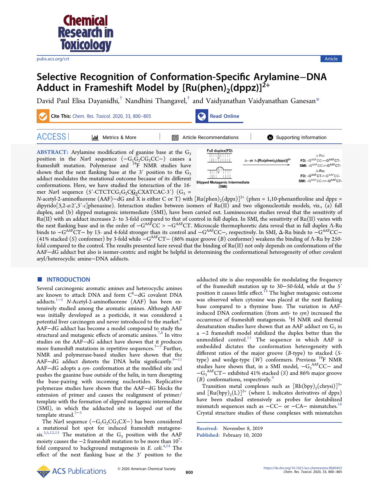 Selective Recognition of Conformation-Specific ArylamineâDNA Adduct in Frameshift Model by [Ru(phen)2(dppz)]2+ by David Paul Elisa Dayanidhi Nandhini Thangavel and Vaidyanathan Vaidyanathan Ganesan