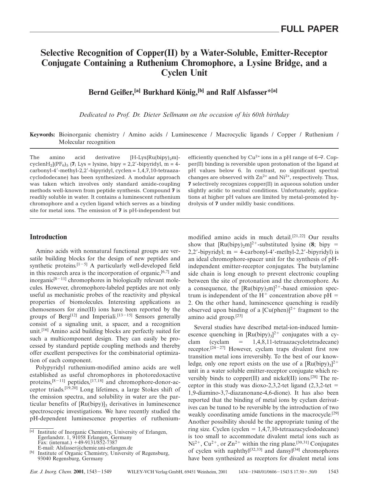 Selective Recognition of Copper(II) by a Water-Soluble, Emitter-Receptor Conjugate Containing a Ruthenium Chromophore, a Lysine Bridge, and a Cyclen Unit by Unknown